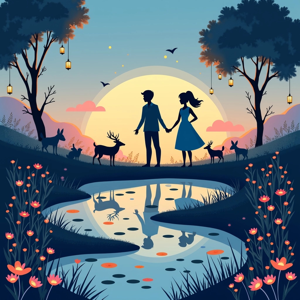 **Design Breakdown:**
1. **Background:**
- Change the blue sky to a soft sunset gradient transitioning from orange to purple.
- Replace the fluffy clouds with abstract, stylized waves softly flowing across the sky.
2. **Figures:**
- Modify the silhouettes of the couple to include more dynamic poses, such as them holding hands or dancing.
- Change the woman's dress style to a flowing gown with a different neckline design and add a colorful sash.
3. **Flora:**
- Replace the existing flowers with wildflowers in various colors, creating a more natural look.
- Include some tall grasses in the foreground for added depth.
4. **Fauna:**
- Remove the deer and replace with playful foxes or squirrels, making the scene feel livelier.
- Change the colors of the rabbit and add a different animal, like a colorful bird perched on a branch.
5. **Water Feature:**
- Alter the pond shape to resemble a more natural, winding stream.
- Add small pebbles and lily pads scattered throughout the water for a more organic feel.
6. **Additional Elements:**
- Include lanterns hanging from the trees to create an enchanting touch.
- Add subtle twinkling stars in the background to enhance the evening vibe.
These changes will create a fresh, whimsical version of the original image while maintaining its romantic essence.