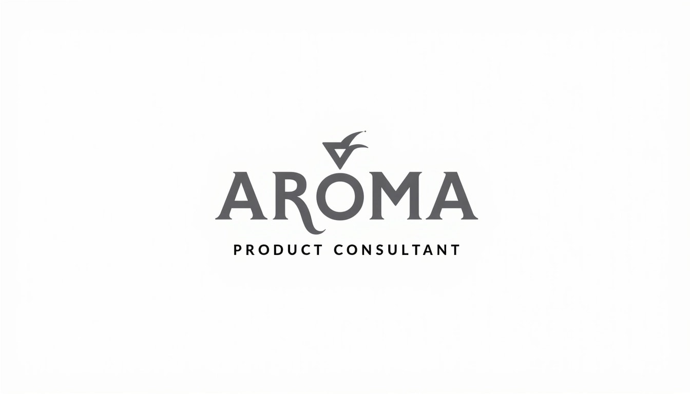 Design a logo featuring the word "AROMA" in bold, uppercase letters with a sleek, modern typeface. Below it, include the phrase "PRODUCT CONSULTANT" in a smaller, sans-serif font. Replace the star between the two phrases with a circular icon that represents fragrance, and create a minimalistic line graphic above the text for added emphasis. Opt for a black and white color scheme, ensuring the design maintains a clean, professional look.