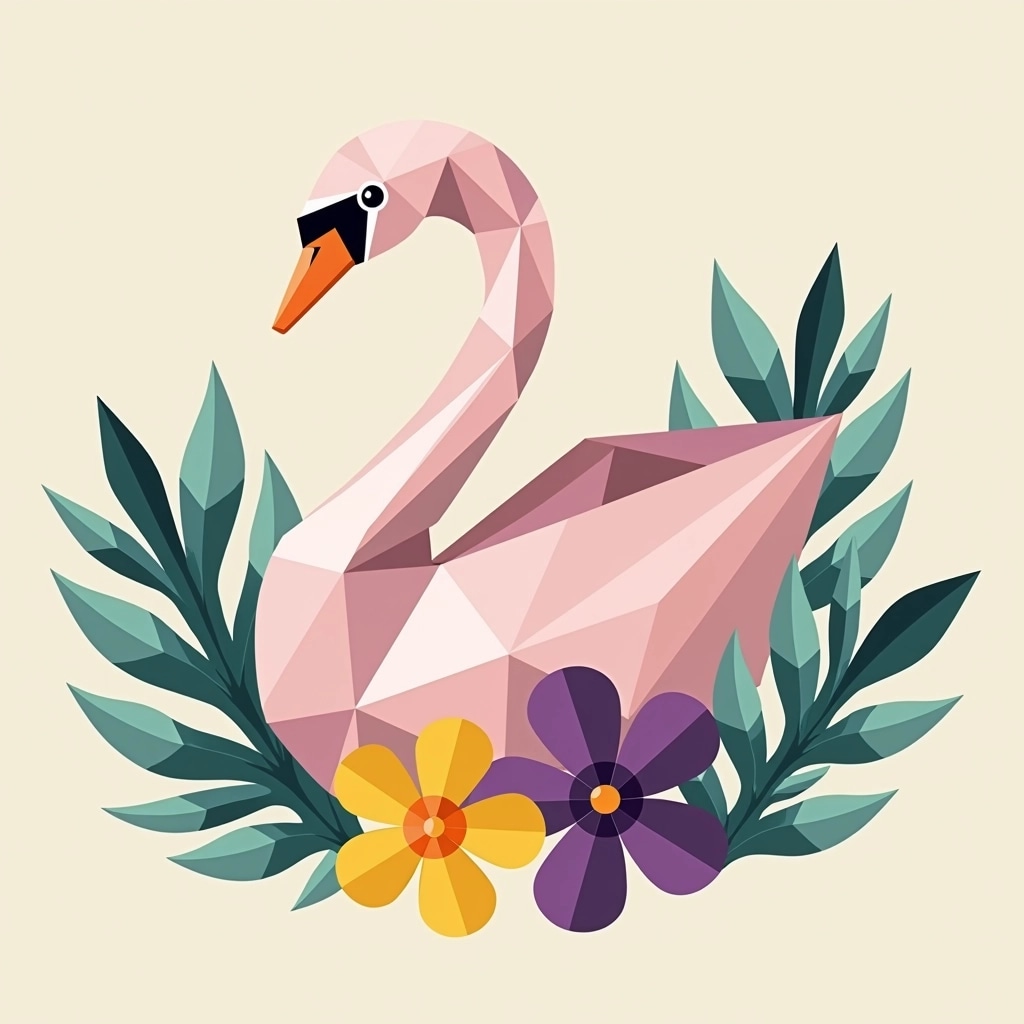 Create an image featuring a stylized geometric bird, resembling a swan, composed of various pastel-colored triangles. Surround the bird with simplified paper flowers in shades of purple and yellow, along with tropical leaves in a mix of aqua and olive green. Maintain a soft, neutral background to enhance the vibrant colors of the flowers and foliage. Avoid any brand names or recognizable logos.
