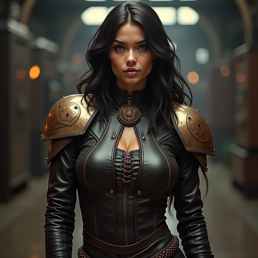 Create a character design inspired by a steampunk aesthetic featuring a figure with long, wavy hair and intricate accessories. The outfit should comprise a sleek, fitted leather jacket with metallic accents, paired with angular shoulder plates that exhibit a mix of bronze and aged silver finishes. Include a decorative, gear-like emblem at the center of the chest, and replace any brand references with generic motifs. The setting should evoke an industrial background with dim lighting, enhancing the character's fierce and confident demeanor.