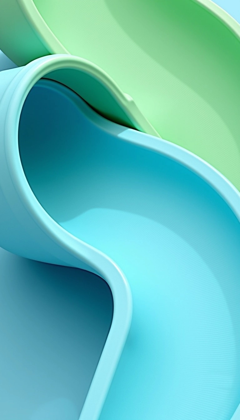 Revise the design of the image to feature a spiral water slide with softer, flowing curves, using a bright blue color instead of green. Remove any metallic elements in the design, opting for a seamless, smooth finish throughout. The slide entrance can be wider and more inviting, while the interior can have a textured finish for added grip. Ensure there are no brand references, focusing solely on the vibrant colors and playful shapes.