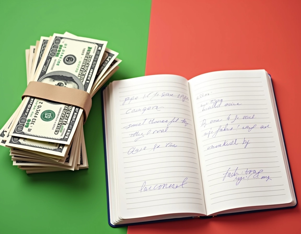 Create an image featuring a stack of assorted currency notes, wrapped with rubber bands, placed on a solid-colored surface (like green or red). Next to the money, include an open notebook with visible lined pages, displaying handwritten notes without any brand names or specific identifiers. Ensure the background is simple and uncluttered to maintain focus on the currency and notebook.