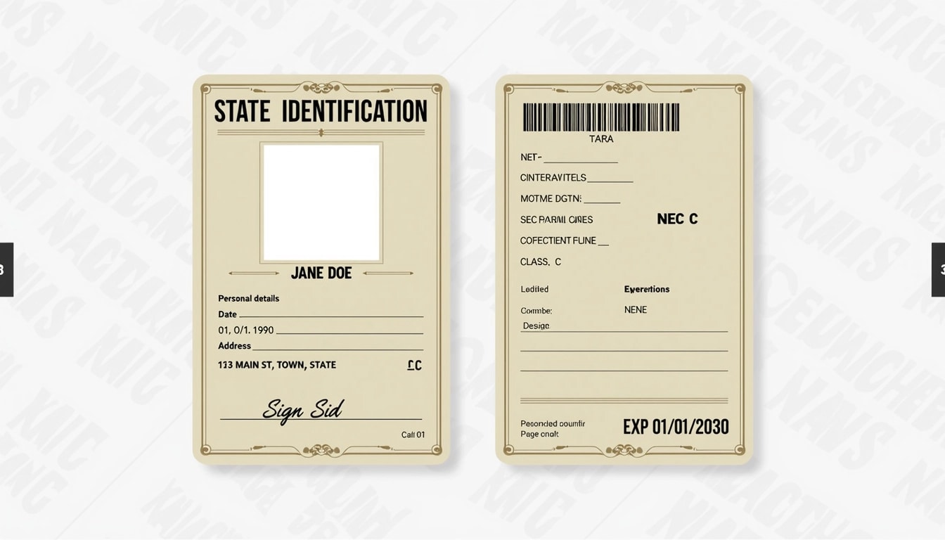 Create a two-sided identification card design.
**Front Side Features:**
- Header: "STATE IDENTIFICATION"
- Include a placeholder for a photo in the top left corner.
- Personal details section:
- Name: "JANE DOE"
- Date of Birth: "01/01/1990"
- Address: "123 MAIN ST, TOWN, STATE"
- Class: "C"
- Signature placeholder at the bottom.
**Back Side Features:**
- Bar code area for scanning at the top.
- Emergency contact information section.
- Restrictions line: "NONE"
- Expiration date: "EXP 01/01/2030"
**Background Design:**
- Use a neutral color for the background.
- Decorative border without any logos or specific branding.
**Watermark:**
- Replace the watermarks with a subtle "VALID" in a diagonal pattern across the card.
**Remove any brand references and ensure the design looks generic and official.**