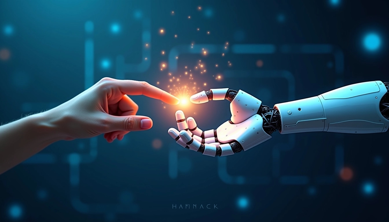 Create an image featuring a human hand reaching out to touch a stylized robotic hand. The background should be a deep blue with abstract digital patterns and glowing particles. Instead of displaying the connection point as a bright spark, illustrate it as a soft, glowing orb. Remove any text or brand references, and ensure the robotic hand has a sleek, futuristic design without any specific branding elements.