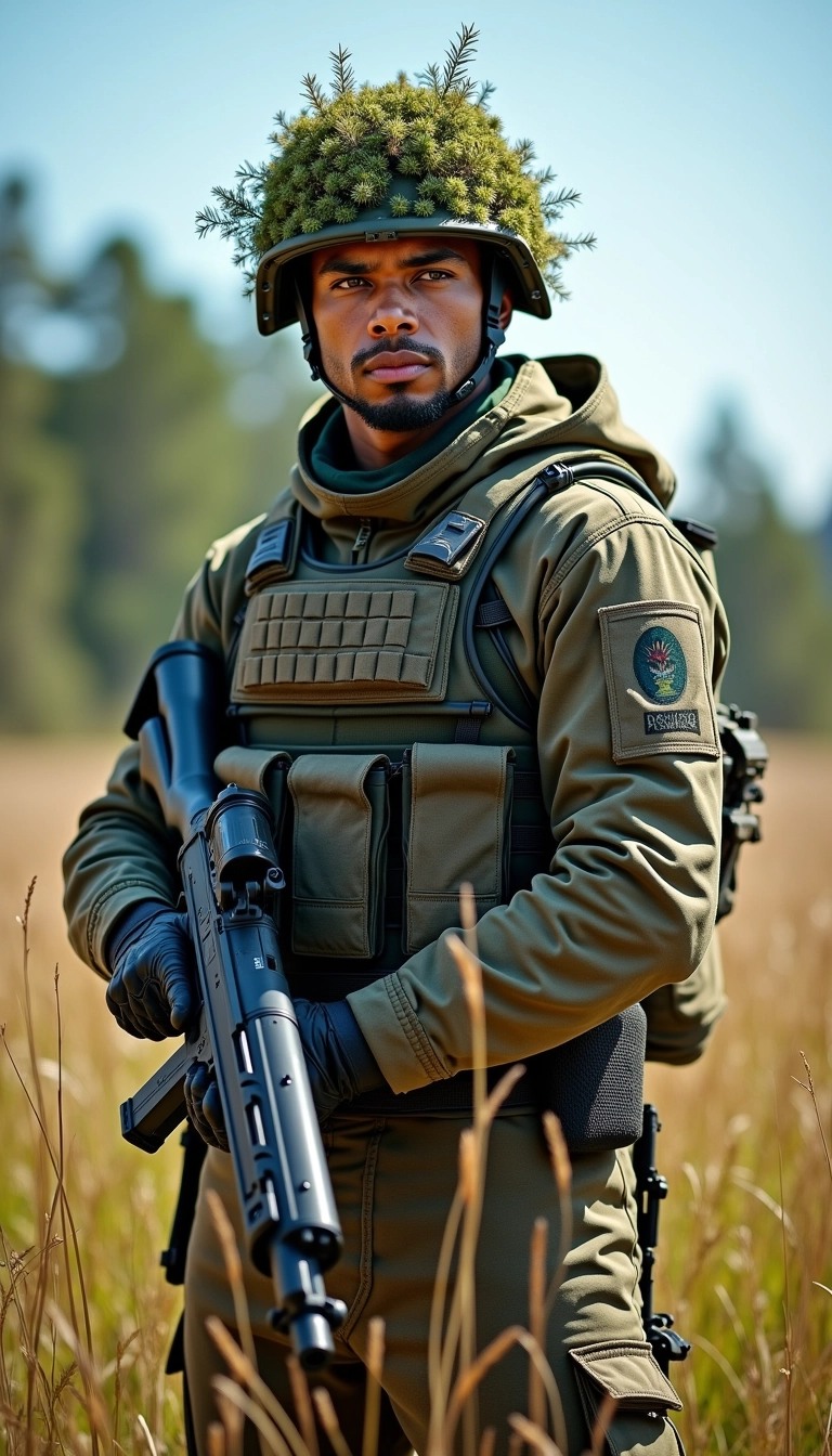 Create an image featuring a soldier in a natural setting, wearing a camouflage uniform with a modern tactical vest. The soldier should have a helmet adorned with foliage for camouflage, clearly displaying a determined expression. Instead of holding a conventional firearm, depict an advanced-looking sci-fi blaster. The background should feature tall grasses and soft, blurred trees, under a bright blue sky, creating a vibrant and dynamic atmosphere.