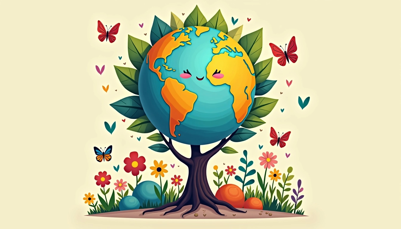Create a vibrant illustration featuring a stylized planet with a smiling face at its center. Replace the globe with a tree that has colorful leaves and a whimsical design. Instead of butterflies, include whimsical birds perched on its branches. Add a variety of flowers and plants around the base of the tree, incorporating a mix of geometric shapes and bright colors. Surround the scene with a soft, pastel background to enhance the cheerful, eco-friendly theme.