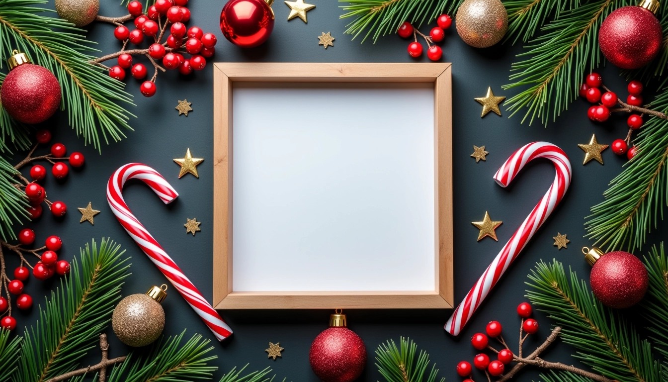 Create a festive image with a square frame centered on a dark surface. Surround the frame with an assortment of pine branches, red berries, and various decorative elements. Replace any plush figures with whimsical, neutral-colored ornaments and add bright, non-branded candy canes around the edges of the frame. Incorporate shiny stars and small pinecones for added texture, while ensuring a vibrant and cheerful color palette. The central area should remain empty for personalization.