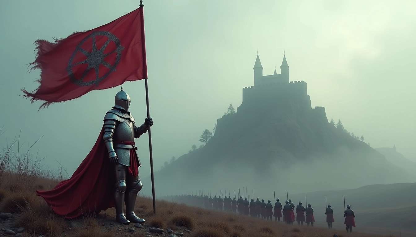 Create an image featuring a medieval warrior in gleaming armor holding a flag with a unique emblem. The background should include a distant fortress on a hill, surrounded by a dense fog. The warrior stands confidently in the foreground, flanked by a group of soldiers in armor, all prepared for battle. The landscape should convey a sense of anticipation, with muted colors and dynamic lighting that emphasizes the warrior's stance and the looming fortress.