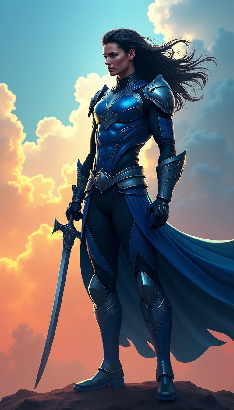 Create an image featuring a heroic figure in a dynamic pose, standing confidently with a sword at their side. Change the costume to a deep blue and silver design, adding intricate patterns and details. Use a background that transitions from light azure at the top to a vibrant orange at the bottom, with swirling clouds to evoke a sense of motion and drama. Ensure the character’s silhouette is strong and proud, with flowing hair and a determined expression. Remove any brand or recognizable features from the costume and accessories.