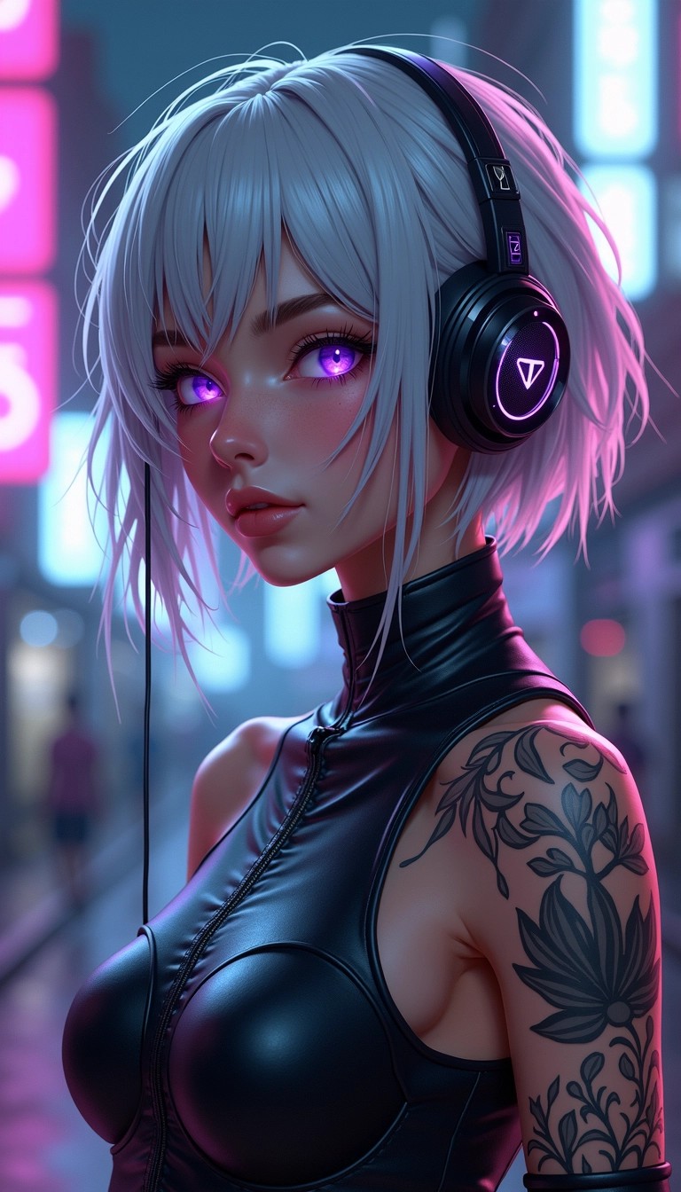 Create an image featuring a futuristic female character with a cyberpunk aesthetic. She has striking silver hair styled in a messy bob, and her skin is adorned with intricate, glowing tattoos that have botanical elements instead of sunflowers. Her eyes are a vivid shade of violet, with a slight luminescent effect. 

Instead of traditional earbuds, she wears a sleek, headset-like device with angular designs. The background is a dimly lit urban landscape, with neon lights in shades of blue and purple. The character's outfit is a high-tech fabric that shimmers subtly, providing a modern and edgy look.