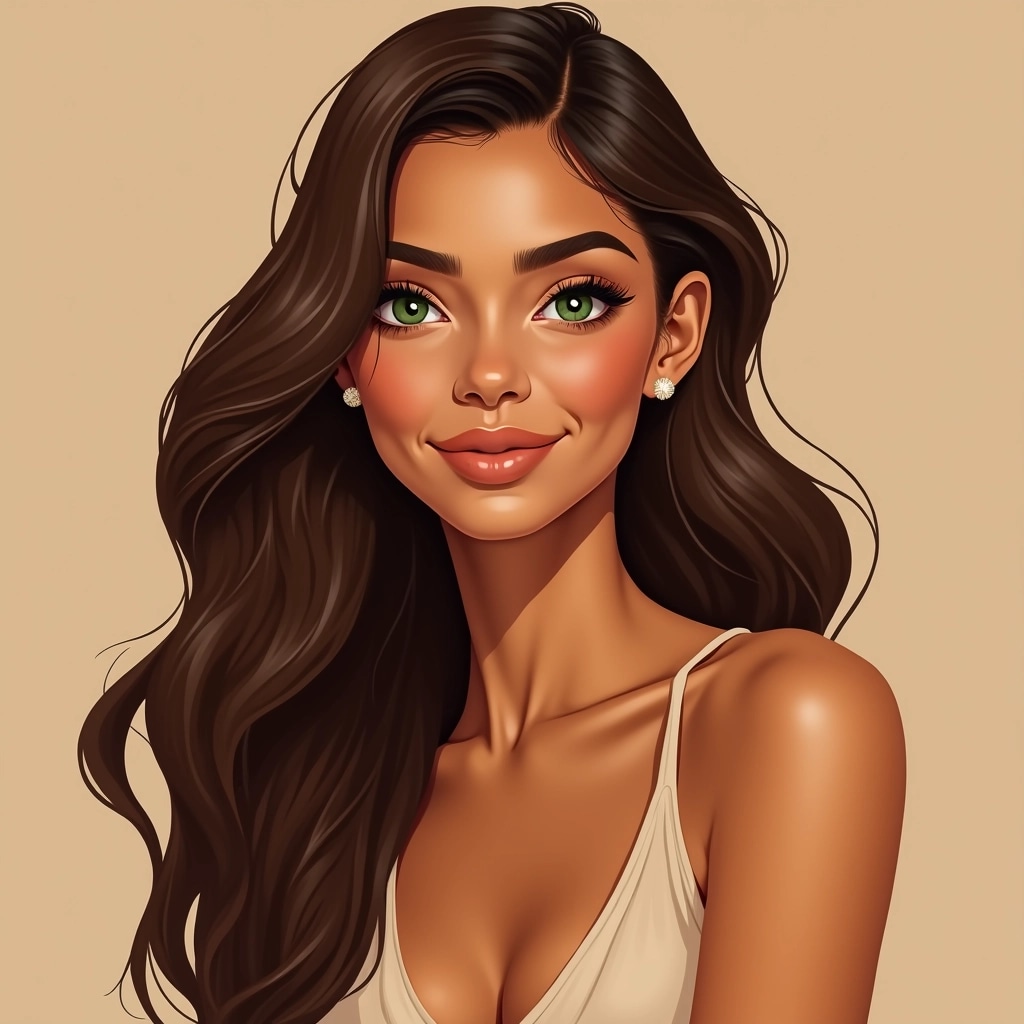 Create a portrait of a person with a warm golden-brown skin tone, showcasing smooth, radiant skin. The facial features should include high cheekbones, a gentle smile, and full lips that have a soft peach sheen. The eyes should be bright green and expressive, with long lashes. The background should be a soft beige, enhancing the warmth of the subject. The hair should be styled in loose, flowing waves, adding a touch of elegance. The subject can wear a simplified, flowing top in a neutral color that complements their complexion.