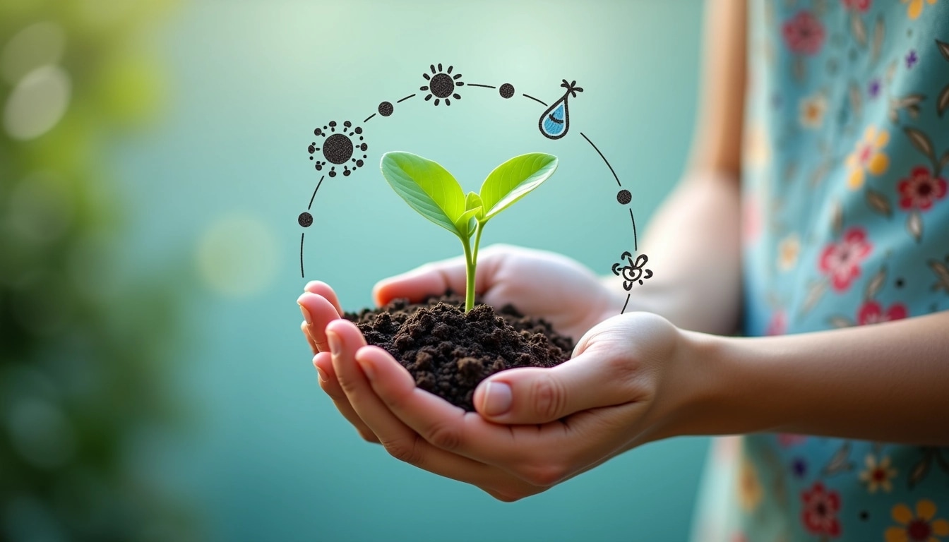 Create an image of a person holding a small plant sprouting from a mound of soil in their hands. The background should be a soft gradient of blues and greens, suggesting a serene outdoor environment. Instead of the original icons, add abstract symbols representing sunlight, soil nutrients, and water flow around the plant, connected by dotted lines in a circular pattern. The person's clothing should feature a subtle floral pattern, and the focus should be on the connection between nature and sustainability.
