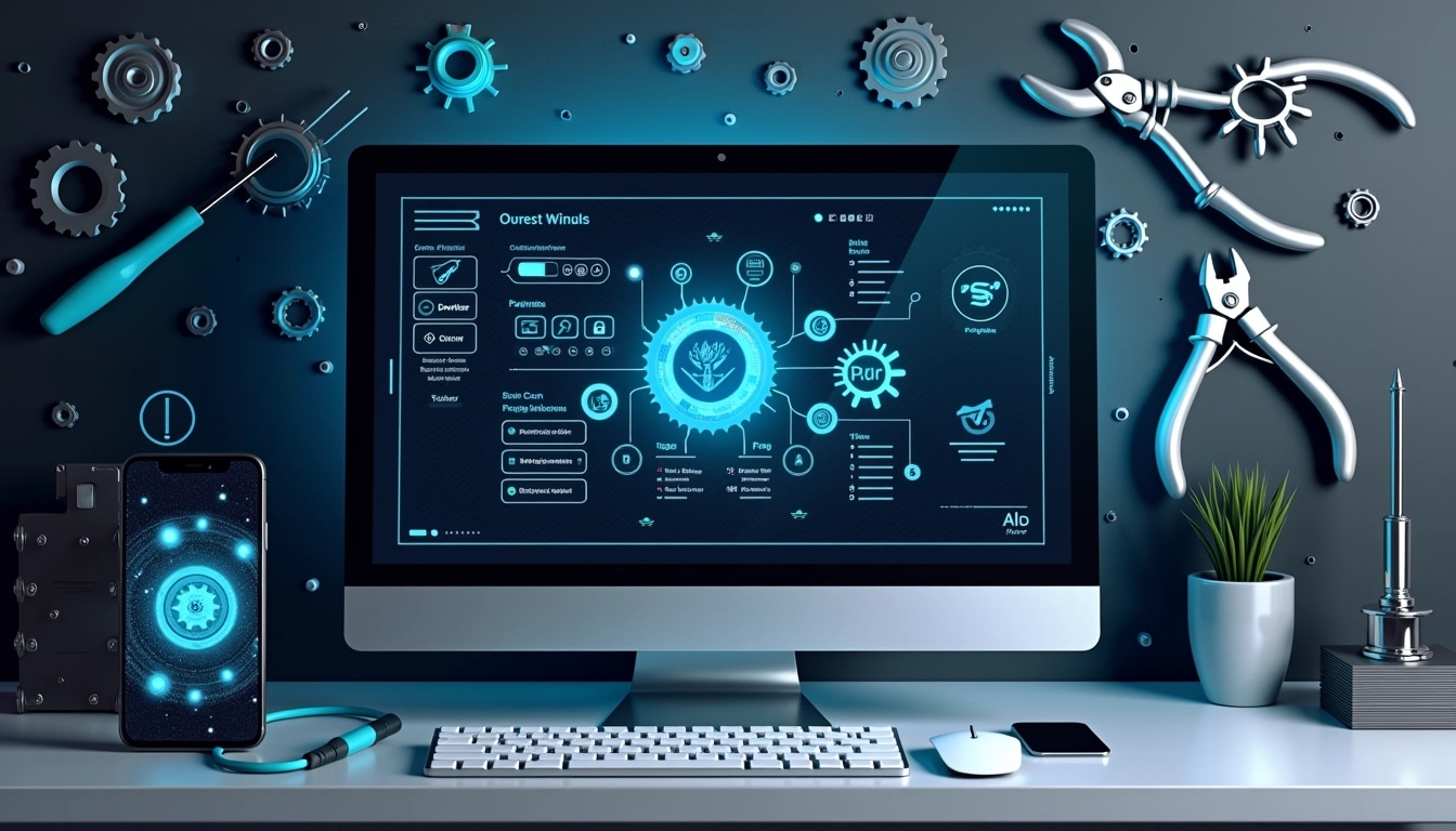 Create an image featuring a computer monitor displaying a futuristic interface with interactive elements. Surround the monitor with various generic tools like a pair of pliers, a flat screwdriver, and a box cutter. Incorporate gears and circuit-like patterns in the background, using shades of blue and silver for a tech-inspired aesthetic. Instead of specific brands, use generic icons and symbols to represent settings and tools, creating a streamlined and professional look. Add a smartphone nearby displaying abstract content, contrasting with a minimalistic keyboard.
