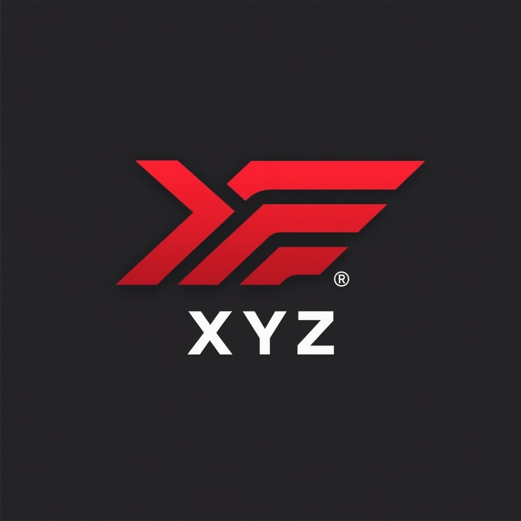 Create a bold logo featuring an abstract geometric design with layered stripes in a vibrant red and black color scheme. Instead of the original text, use a generic name like "XYZ" in a modern, sans-serif font below the design. Adjust the geometric elements for a more dynamic look by incorporating varied angles and widths in the stripes, and remove all brand references while keeping the overall aesthetic clean and professional.