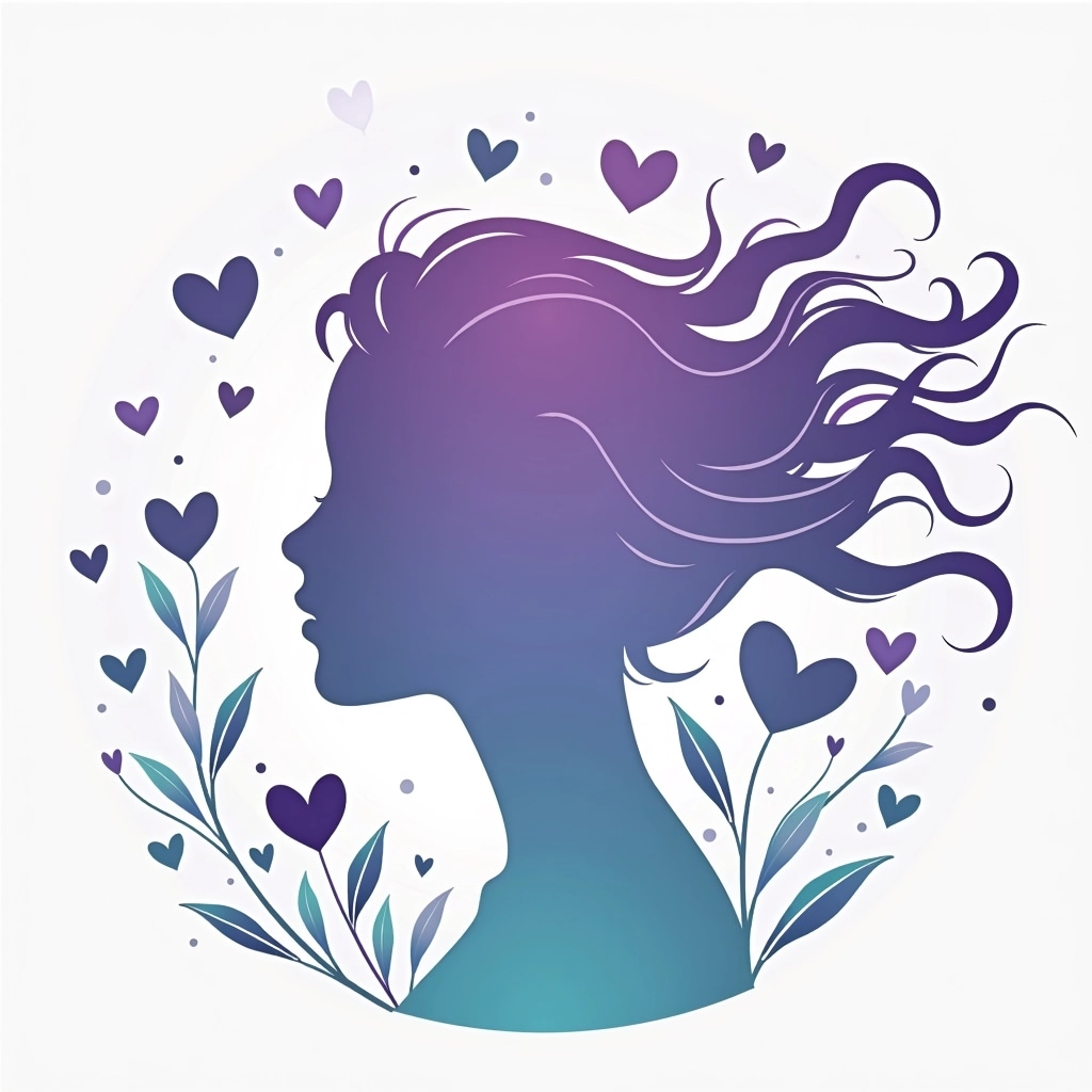 Create an abstract design featuring a silhouette of a figure with flowing hair in gradient shades of purple and turquoise. Instead of hearts, incorporate swirling floral elements in a light pastel shade. Replace the text "LOVE" with the word "DREAM" in a playful, modern font, positioned at the top right. The background should maintain a soft gradient from white to light lavender, enhancing the overall serene vibe.
