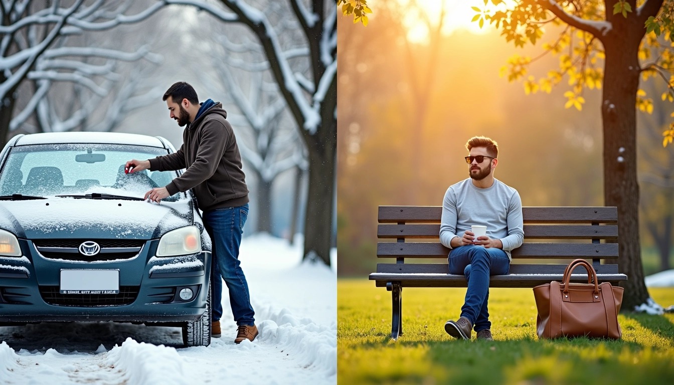 **Image Design Breakdown with Changes:**
1. **Background:**
- Change the snowy setting to a sunny day in a park, with green grass and trees in bloom.
2. **Subject:**
- Replace the person scraping snow from a car with an individual sitting on a bench, enjoying a cup of coffee.
3. **Clothing:**
- Instead of winter clothing, have the person wear a light t-shirt and sunglasses.
4. **Object:**
- Instead of a car covered in snow, feature a picnic bag beside the individual.
5. **Text:**
- Modify the caption to: "Did anyone else enjoy a warm day outdoors for the first time in months?"
6. **Color Palette:**
- Use bright and vibrant colors to reflect a lively, sunny atmosphere instead of the monochrome tones of snow.
This new design maintains a similar composition but transforms the context and feel of the image entirely.
