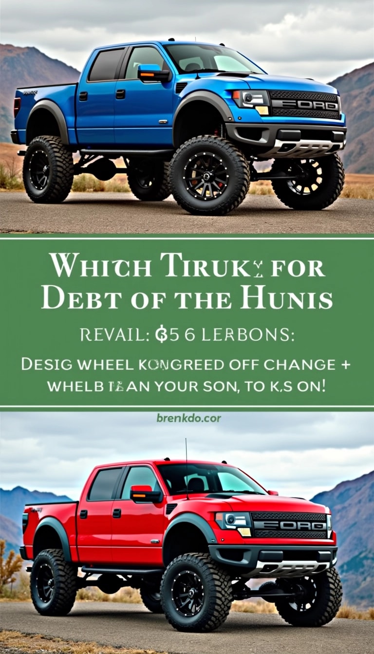 Design a modified image featuring a lifted truck with a bold color scheme, like deep blue or fiery red, instead of white. Change the wheels to a rugged off-road style, and replace the background with a scenic nature view, like mountains or a forest. Display the truck at an angle to highlight its elevated features, and use a vibrant gradient for the border instead of solid green. Remove any brand logos or associations from the truck.