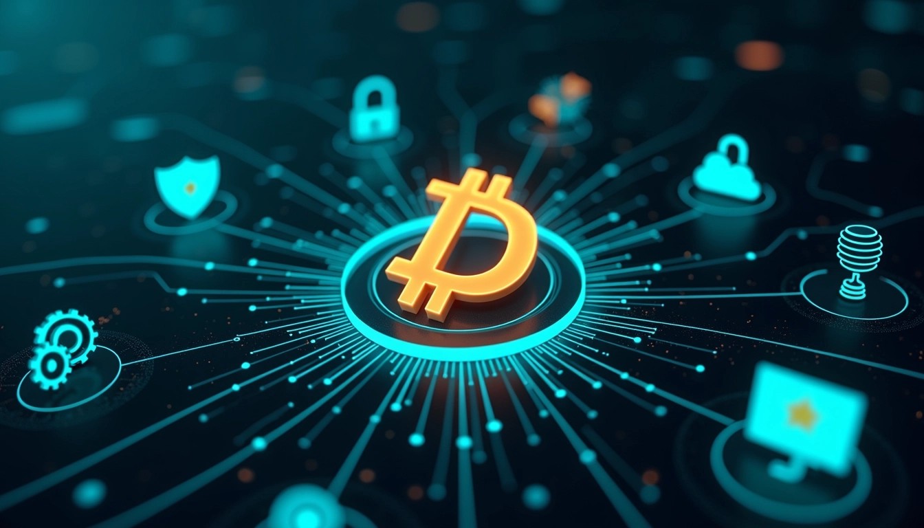 Create a digital interface design featuring a central symbol representing digital currency, surrounded by various futuristic icons representing data security, communication, and technology. Change the central symbol to a stylized "D" and modify the surrounding icons to include elements like a shield (for security), a cloud (for data), and a network node (for connections). Use a dark background with glowing blue and green accents, and incorporate light trails that suggest motion and connectivity. Remove any brand references or identifiable logos.