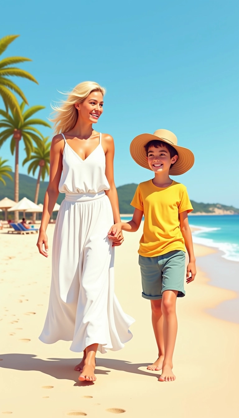Create an image of two figures walking along a beach on a sunny day. One figure is wearing a long, flowing white garment with a relaxed fit, while the other wears a bright yellow t-shirt and casual shorts. The younger figure is wearing a sun hat and has a joyful expression, while the adult has a warm smile. In the background, include palm trees and beach umbrellas, with a clear blue sky overhead. The scene conveys a sense of happiness and outdoor leisure.