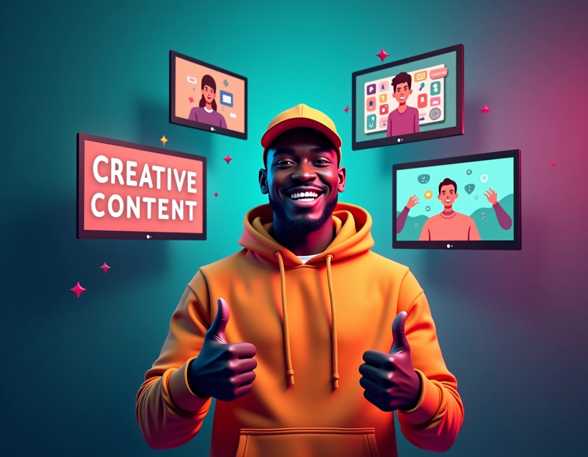**Design Breakdown and Modifications Prompt:**

1. **Background:** 
   - Change the background to a vibrant gradient of teal and purple instead of dark. This will create a more energetic atmosphere.

2. **Main Subject:**
   - Replace the individual with a person wearing a bright colored hoodie (like orange) and a cap facing forward, smiling. Change their pose to a thumbs-up gesture.

3. **Screens:**
   - Use different types of content on the screens, such as animated illustrations instead of live interviews. Make the frames of the screens slightly rounded.

4. **Text:**
   - Modify the text to say "CREATIVE CONTENT" in a bold, modern font, placing it slightly above the main subject. Change "VIDEO EDITS" to "STREAMING TIPS" in a smaller size below.

5. **Icons:**
   - Replace the software icons with generic design tools (e.g., a paintbrush, a color palette, and a camera icon), ensuring they’re colorful and appealing.

6. **Lighting Effects:**
   - Add light flares or bokeh effects around the background to enhance the lively and creative feel.

7. **Overall Color Scheme:**
   - Utilize bright colors—such as reds, yellows, and greens—contrasting with the cooler background to make elements pop.

By making these changes, you can achieve a fresh look while maintaining a professional and engaging design.