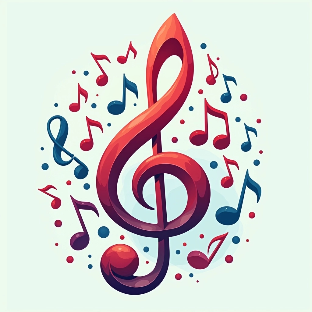 Design a new image featuring a stylized treble clef in a vibrant color, surrounded by a dynamic arrangement of different musical notes, such as quarter notes and eighth notes, in playful, varying sizes and shades. Remove any brand references and incorporate a whimsical background of soft, swirling lines or shapes to enhance the musical theme.