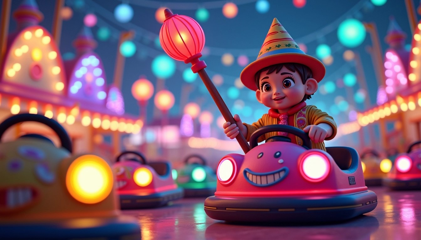 Create an image of a vibrant carnival scene featuring a character in a colorful costume holding an oversized, glowing tool. The background should showcase a variety of illuminated bumper cars with dynamic lighting effects. Replace the traditional carnival decorations with abstract, modern lanterns in bright colors. Ensure the environment feels energetic and playful, with a whimsical atmosphere and a touch of fantasy, while avoiding any brand references.
