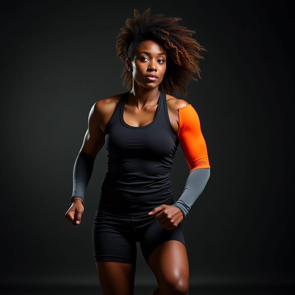 Create an image of a woman in a dynamic athletic pose, preparing to sprint. She has a natural hairstyle and is wearing a dark tank top and fitted shorts. Instead of a bright orange arm support, she has a gray one. The background should be a gradient from dark gray to black, with dramatic lighting highlighting her focused expression. Remove any brand logos or references from her outfit.