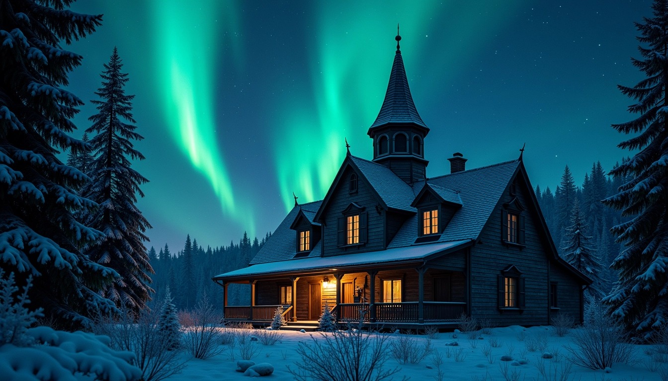 Create a nighttime scene featuring an old building with a rounded roof instead of a pointed one. Change the trees to evergreen varieties that are lush and full. Replace the starry background with a vivid aurora borealis. Add subtle lighting on the building to highlight its features but remove any visible brand references. Ensure the overall atmosphere remains peaceful and mystical.