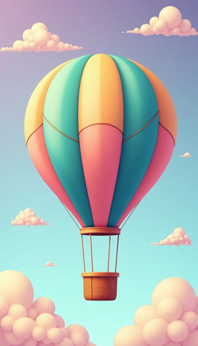 Create an image of a hot air balloon in a vibrant, abstract style. Change the balloon's color palette to include shades of teal, soft pink, and golden yellow, with a more gradient look. Alter the shape to be slightly more elongated and streamline the design, giving it a modern aesthetic. The basket should be made of smooth, polished wood instead of a woven texture, and the background should feature a gradient sky transitioning from light lavender to deep blue, with fluffy, stylized white clouds scattered throughout.