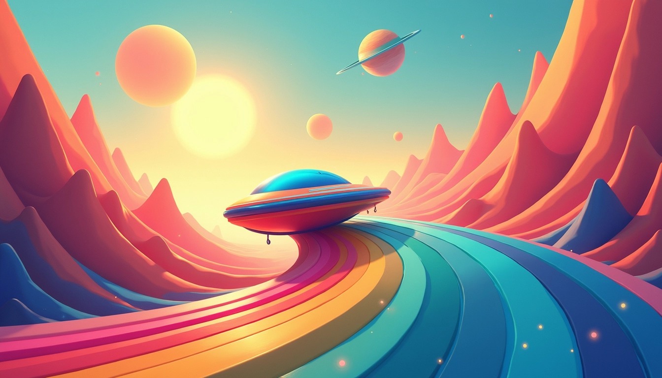 **Prompt:**
Create an image featuring a whimsical vehicle resembling a futuristic hovercraft gliding along a vibrant, swirling path of colors that flow like a rainbow. The background should depict a surreal landscape with abstract mountain-like formations and a large, glowing orb in the sky. Instead of planets, use geometric shapes and sparkling particles that radiate out from the central light source. Add dynamic lines to suggest movement, enhancing the feeling of speed and adventure.