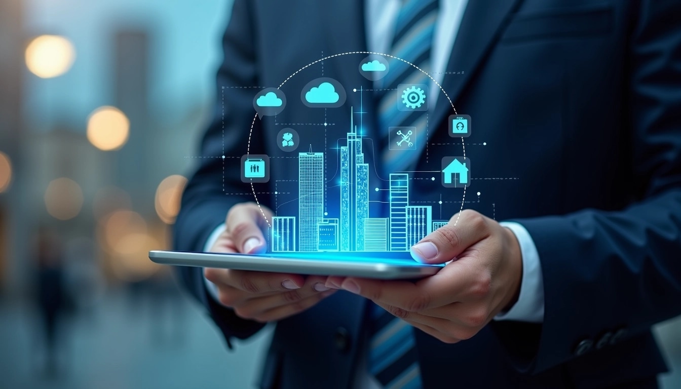 Create a visually engaging image of a business professional in a suit, holding a tablet with a digital interface. The screen displays various futuristic icons representing technology, data, and urban development, including a stylized cityscape in the background. Change the tablet's display to show a unique structure, such as a skyscraper instead of a house. Include abstract symbols like gears, cloud storage, and connectivity signals, but avoid any brand logos or specific product references. The overall color scheme should blend cool tones with vibrant highlights to convey innovation and sophistication.