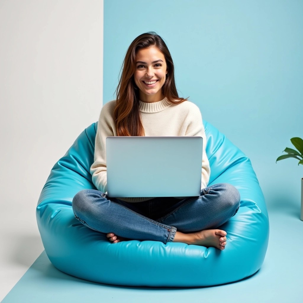 Create an image featuring a cheerful individual sitting cross-legged on a uniquely shaped, bright blue beanbag chair. The person is wearing a casual, light sweater and denim jeans, while using a sleek, silver laptop. The background should be a soft gradient from light blue to white, adding a fresh and modern feel to the scene. The individual should have an open, inviting expression, exuding positivity and comfort in a cozy workspace setting.