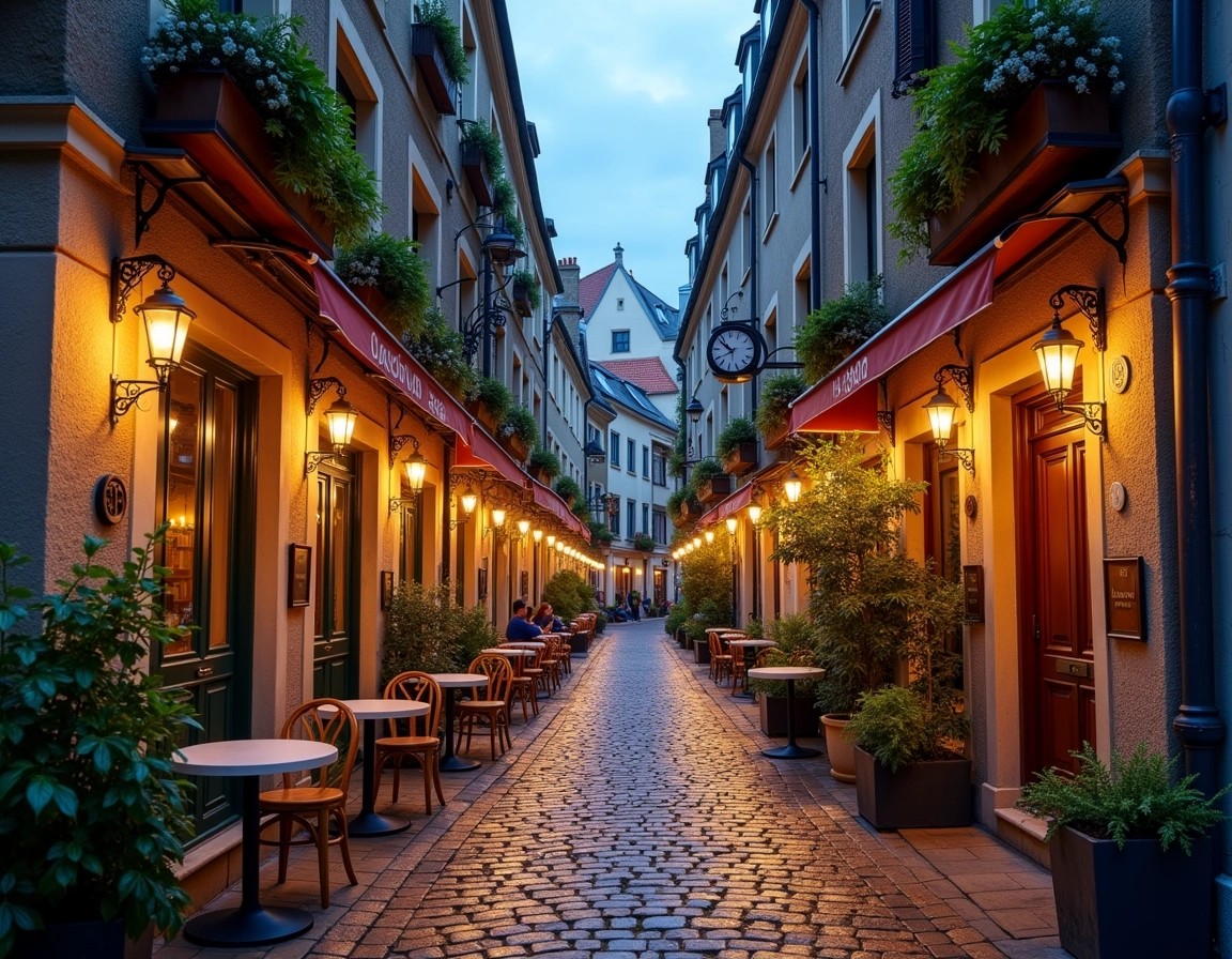 Create an evening scene of a charming alleyway featuring small bistro-style tables along the cobblestone path. Replace storefronts with quaint cafés and small artisan shops, illuminated by soft, warm pendant lights. Add greenery spilling from window boxes and hanging planters. Introduce a vintage clock on the wall of one building and ensure a cozy, inviting atmosphere with a few patrons enjoying their drinks outside. Use a cool color palette for the sky transitioning into twilight, while adding touches of golden light reflecting off the wet ground.