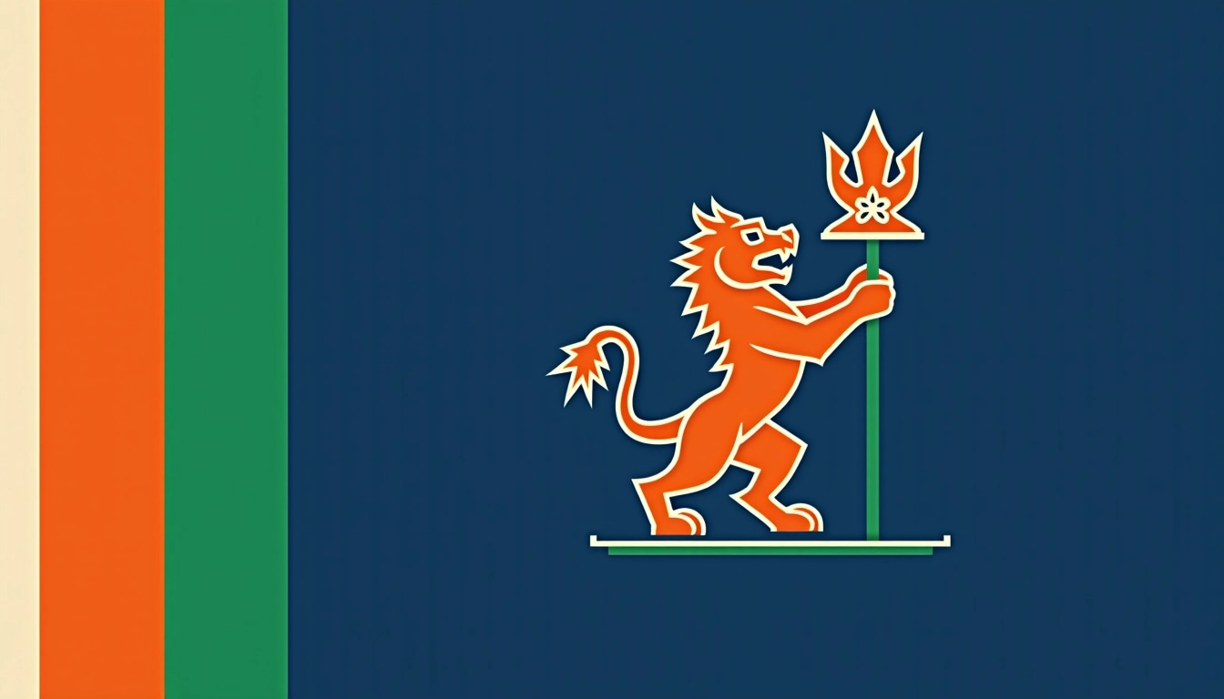 Create a new design inspired by a flag featuring a stylized, fierce animal holding a prominent symbol, but instead of a lion, use a dragon. Change the background color to a deep blue and remove any decorative borders or brand references. Include two vertical stripes on the left in shades of orange and green. Opt for a minimalist approach with a clean, modern look.