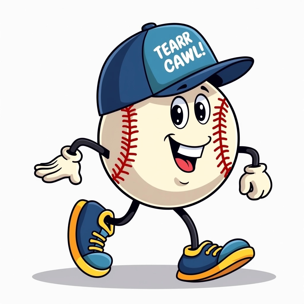 Create a cartoon character of a baseball with arms and legs, wearing a colorful cap with a fun slogan. Instead of running, have it casually walking with a smile. Change the color of the cap to blue, and alter the shoelaces to be a bright yellow. Remove any specific brand wording and make the slogan something playful related to sports.