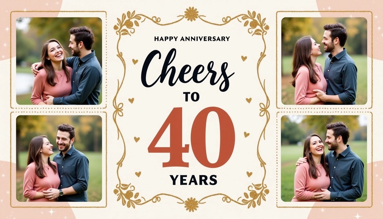Create a collage design for a couple's milestone anniversary celebration.
1. **Layout**: Use a symmetrical grid layout with multiple rectangular frames for photos, arranged in a mix of larger and smaller sizes.
2. **Photos**: Include four to six images capturing happy moments together—these can be outdoor scenes, events, or candid shots. Make sure the subjects are casual and joyful.
3. **Background**: Use a soft, pastel-colored background with a subtle texture. Add decorative elements like light sparkles or floral patterns.
4. **Text**: Feature a large, elegant heading saying "Happy Anniversary" at the top, and underneath that, in a playful font, include "Cheers to 40 Years!" Ensure the text is in contrasting colors to stand out.
5. **Graphics**: Add small hearts or confetti around the text for a festive touch.
6. **Borders**: Use a thin, decorative border around the collage for a refined finish. Choose a color that complements the overall color scheme.
7. **Remove Brand References**: Ensure that there are no logos, names, or identifiable brand elements in the design.
This design concept should be celebratory and personal, emphasizing the couple's journey together.