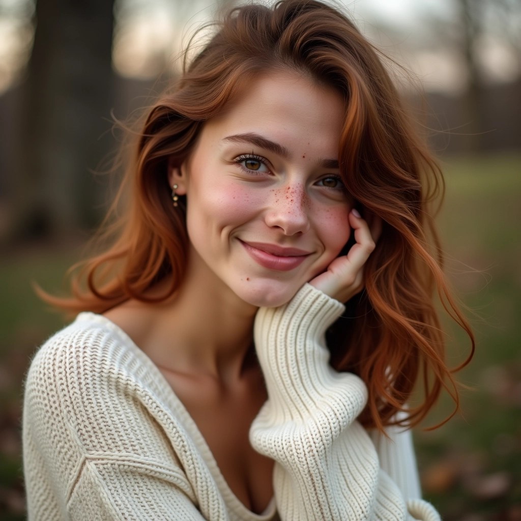 Create an image of a young woman with medium-length, wavy auburn hair and warm brown eyes. She should have a soft smile and a light dusting of freckles across her cheeks. Dress her in a cozy, oversized cream sweater, and have her slightly tilted to the side, resting her chin on her hand. The background should be a softly blurred natural setting, suggesting a serene outdoor environment. The overall mood should be warm and inviting, with gentle lighting that accentuates her features.