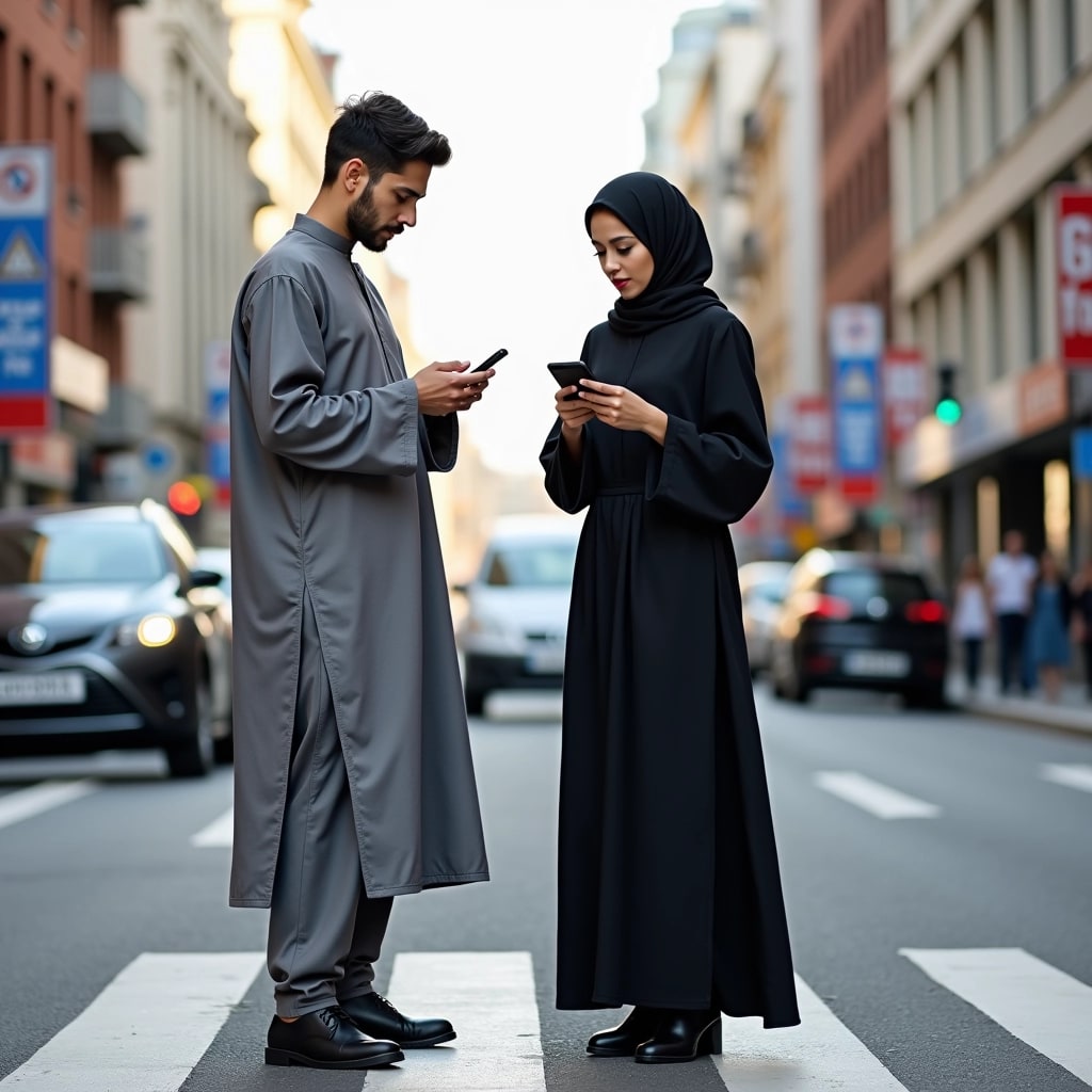 **Prompt:** Create an image featuring a man and a woman standing on a busy street near a minor car accident. The man is wearing a traditional loose-fitting gray garment with a modern twist, and the woman is in a long, flowing black dress with a stylish headscarf. Both are focused on their smartphones. The background showcases an urban setting with diverse architecture and traffic signs, but without any recognizable brand logos or specific details. The mood should convey a sense of casual concern, as they appear to be assessing the situation while engaged with their devices.