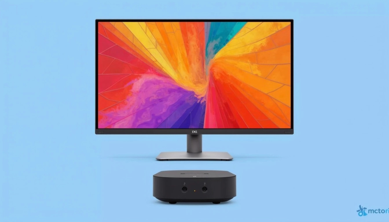**Modified Design Prompt:**
Create an image featuring a sleek desktop monitor with a vibrant, abstract background of geometric shapes and swirling colors. The monitor should have a wide, minimalistic black bezel with a silver stand. Below the monitor, place a compact, rounded computer unit with a matte finish, featuring two circular ports and a small indicator light. Use a light blue background to enhance the overall aesthetics. The text at the top should read: “Latest Compact Desktop: Price, Pre-order Details, and Key Features You Should Know.” The text should be clear, modern, and easily readable.