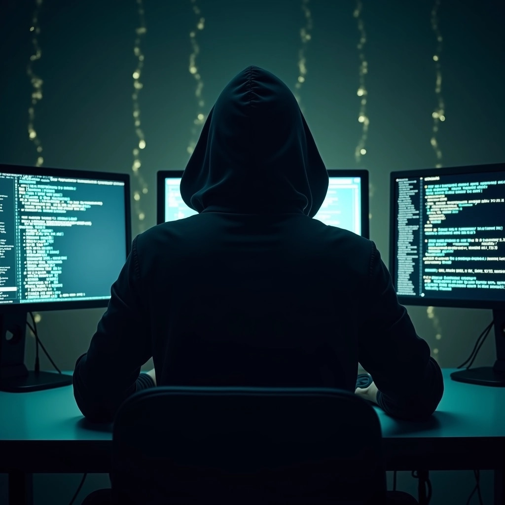 Create an image featuring a figure in a dark hoodie, seated between two glowing screens. The background should have digital elements, such as binary code and abstract data streams. The figure's face is obscured by the hood, evoking a sense of mystery. Modify the screen displays to show generic coding and abstract graphics, removing any brand logos or identifiable text. Adjust the color palette to include dark blues and greens for a futuristic vibe.
