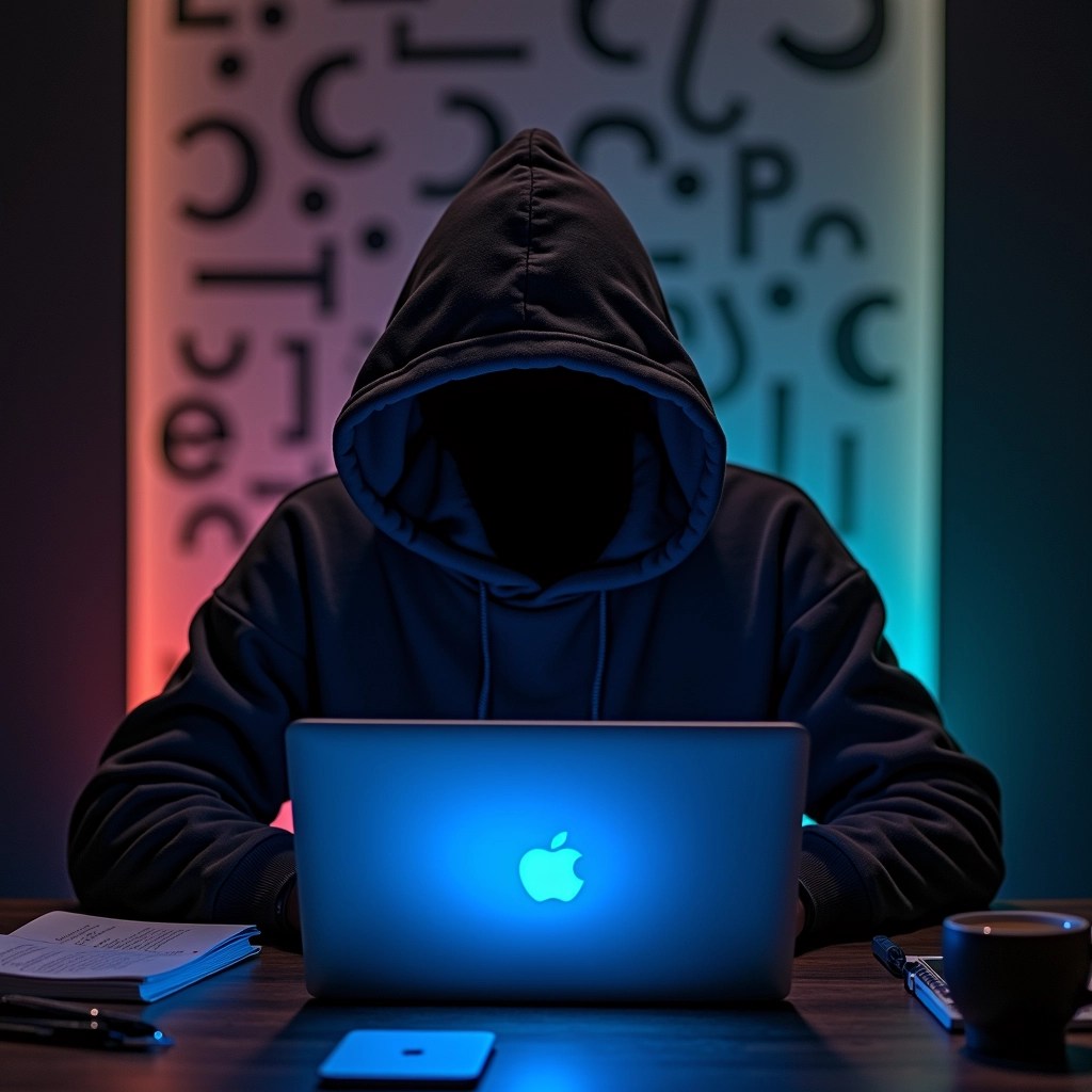 - **Subject**: A figure in a dark, loose-fitting sweatshirt sits at a desk, facing a glowing laptop.
- **Hood**: Change the hood to a wide-brimmed hat or beanie, obscuring the face without hiding it entirely.
- **Lighting**: Use a warm light emanating from the laptop instead of a cold, blue glow, giving it a more inviting appearance.
- **Background**: Replace the dark, moody background with a more vibrant, abstract pattern to convey a sense of activity or creativity.
- **Desk**: Introduce some scattered items on the desk, like a notebook or a coffee cup, to humanize the setting.