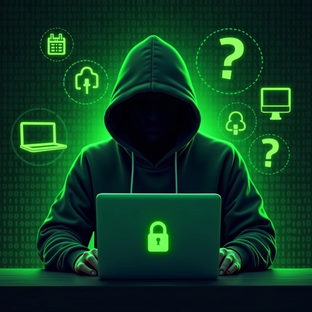 **Prompt for a Redesigned Image:**
Create an image depicting a mysterious figure in a hooded sweatshirt, seated in front of a laptop. The background should be a deep, glowing green filled with abstract binary code. Surround the figure with various generic tech-related icons, such as a computer, a lock symbol, and a network signal, all in a bright green color. The figure's face should be obscured by the hood, maintaining an air of anonymity. Remove any specific brand logos or icons, using generic representations instead. The overall atmosphere should convey a sense of digital mystery and intrigue.