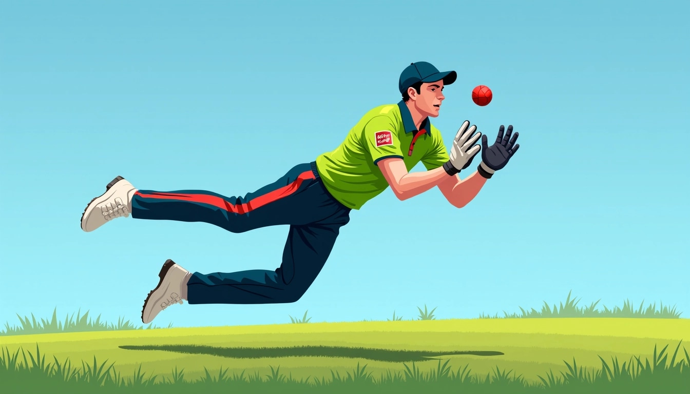 Create an image of a cricket player in action, diving to catch a ball. The player should wear a bright green jersey with black accents instead of blue, and the pants should have a slim fit with red stripes. The cap should be a solid black with no logos, and the gloves should be a mix of white and dark gray colors. The background should feature a grassy field under a clear blue sky, emphasizing the dynamic movement of the catch.