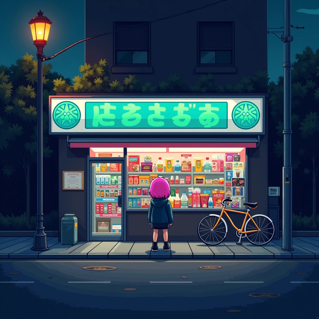 Create a pixel art scene featuring a neon-lit convenience store at night. The store should have a large window displaying various snacks and drinks. Change the character outside to a person with short, bright pink hair wearing a dark jacket and beanie. Replace the store's signage with geometric patterns in vibrant colors and remove any brand references. Add a bicycle parked nearby and a streetlight casting a warm glow on the pavement. Use a deep blue and teal color palette for the overall atmosphere.