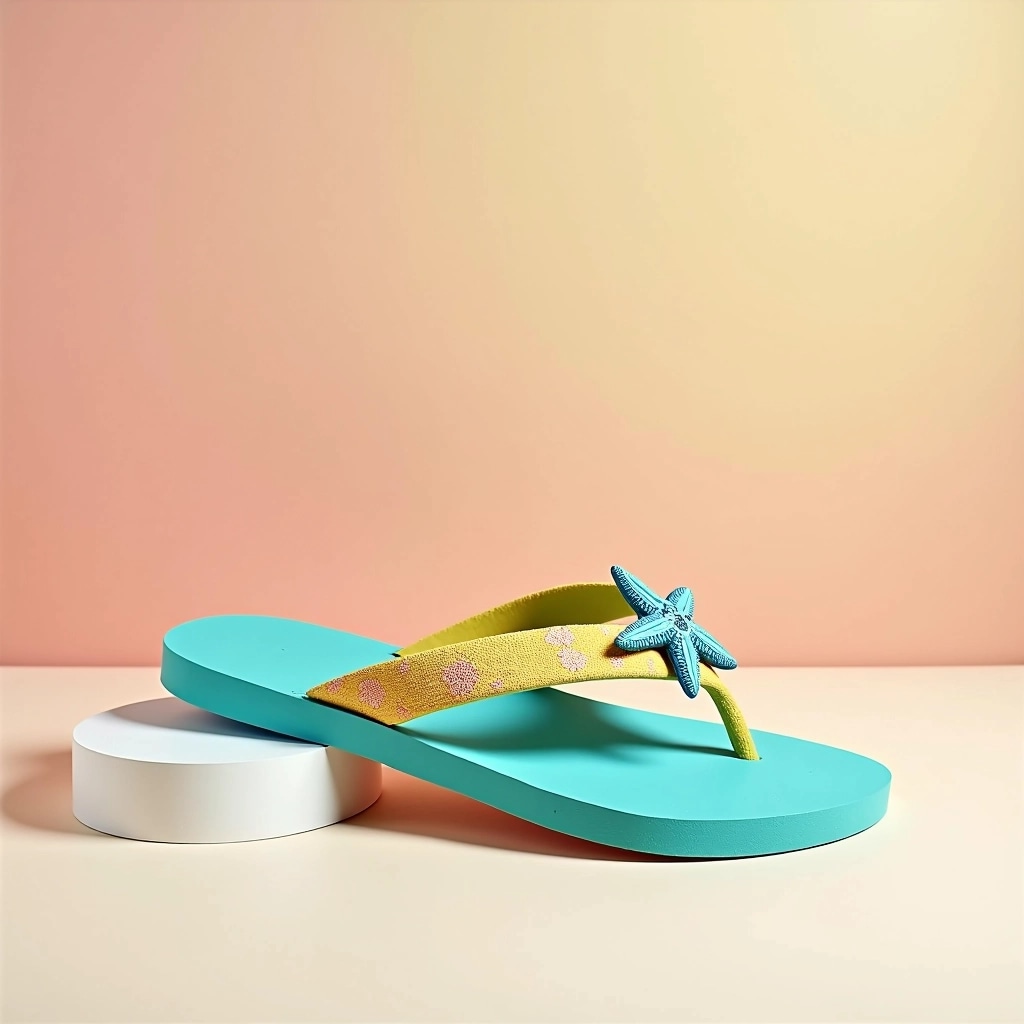 **Prompt for Redesigned Image:**

Create an image featuring a pair of flip-flops with the following design elements:

1. **Sole:** Change the color of the sole to a vibrant turquoise blue, maintaining a sleek rectangular shape.
2. **Upper Straps:** Replace the pink fabric with a textured yellow material, using floral patterns instead of solid shapes for decoration.
3. **Embellishments:** Remove any logos or brand references, but add a decorative charm in the shape of a sea star on each strap.
4. **Background:** Set the flip-flops against a soft pastel gradient background, blending shades of light peach and cream, to create a warm summer vibe.
5. **Display:** Position the flip-flops at a slight angle on a simple white pedestal to highlight their features. 

Ensure the overall layout is fresh and appealing, with a focus on summer casual wear.