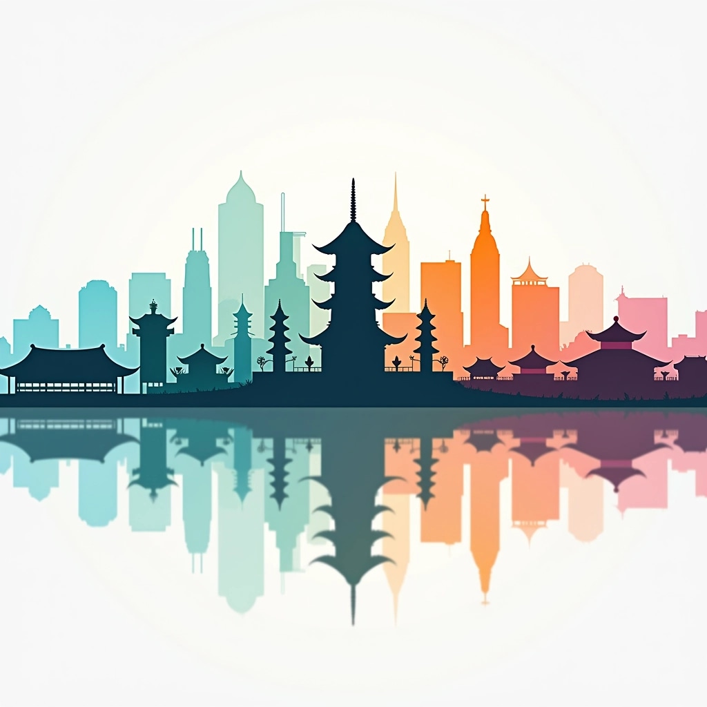 Create a silhouette illustration of a city skyline featuring a variety of architectural styles, including pagoda-like roofs, modern buildings, and traditional structures, all rendered in vibrant colors like teal, orange, and pink. The skyline should reflect symmetrically in a tranquil water surface below. Remove any brand names or logos from the design. Optionally, include a soft gradient background transitioning from light blue at the top to white at the bottom for added depth.