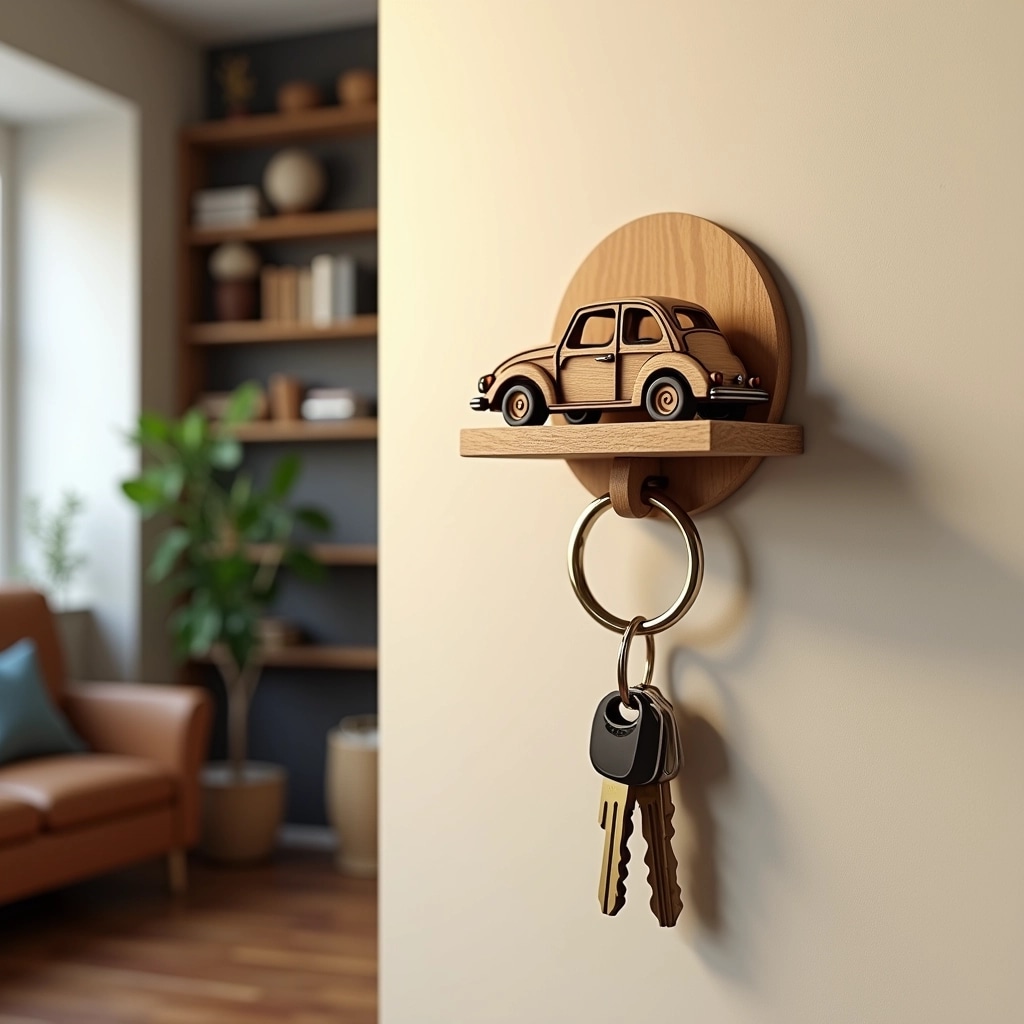 Design a wall-mounted key holder featuring a whimsical wooden car keychain instead of a house. The key holder should have a round, polished brass finish instead of chrome, and the background should include a cozy nook with a bookshelf and a potted plant, replacing the living room scene. The overall color scheme should include warm earth tones to create an inviting atmosphere.