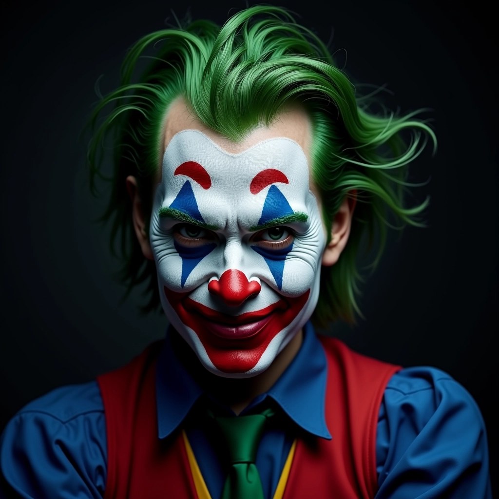 Create an image featuring a jester character with a whimsical expression. The character should have vibrant green hair styled in a messy fashion, coupled with face paint that includes exaggerated red mouth and blue teardrop designs around the eyes. Instead of a red jacket, dress the character in a deep blue vest, while the background remains dark to create a dramatic contrast. The jester should have an enigmatic smile, capturing a blend of mischief and melancholy, with the lighting focused on the upper half of the face.