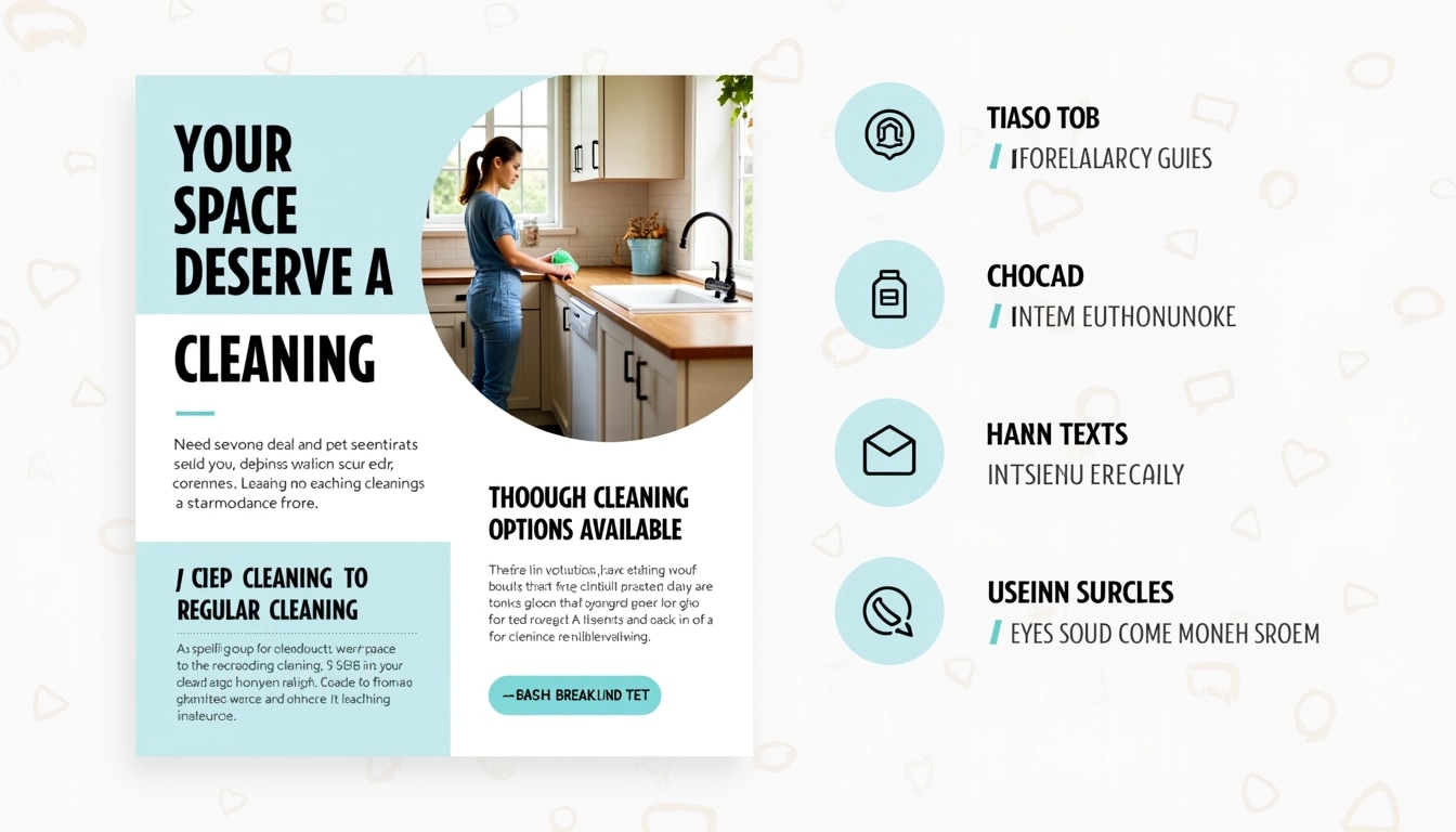 **Design Breakdown Prompt:**
Create an advertisement for a home cleaning service featuring the following elements:
1. **Headline:**
- Use "YOUR SPACE DESERVING A CLEANING" in bold, large font.
2. **Visuals:**
- Replace the character with a generic cleaning scene: a person using a mop in a tidy kitchen.
- Change colors to soft pastels for a fresh, inviting look.
3. **Text Sections:**
- Modify "DEEP CLEANING TO REGULAR CLEANING" to "THOROUGH CLEANING OPTIONS AVAILABLE."
- Use a conversational, rounded font style.
4. **Contact Information:**
- Feature a generic phone number and location placeholder, e.g., "CALL US: *insert number* FOR SERVICE IN YOUR AREA."
5. **Background Elements:**
- Add subtle cleaning-related icons (like a broom or spray bottle) in a light pattern in the background.
6. **Overall Layout:**
- Keep a clean, organized layout with balanced white space to enhance readability.
This revised design maintains the essence of the original while changing key details and removing brand references.