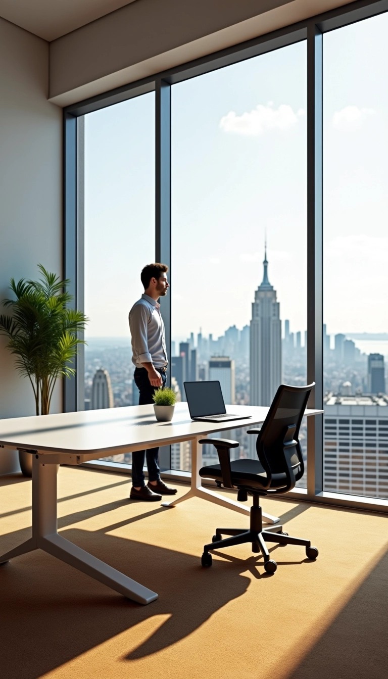 Create a modern office interior featuring large floor-to-ceiling windows that allow for abundant natural light. The scene should include a sleek, minimalist desk with a laptop instead of a monitor, and a comfortable, ergonomic chair. Add a small plant on the desk and place a simple coffee mug beside it. The flooring should be a warm, textured carpet, and there should be soft, neutral-colored walls. Replace the individual standing by the window with a casual outfit, looking contemplative. The view outside should show a lively cityscape, emphasizing a professional yet inviting atmosphere.